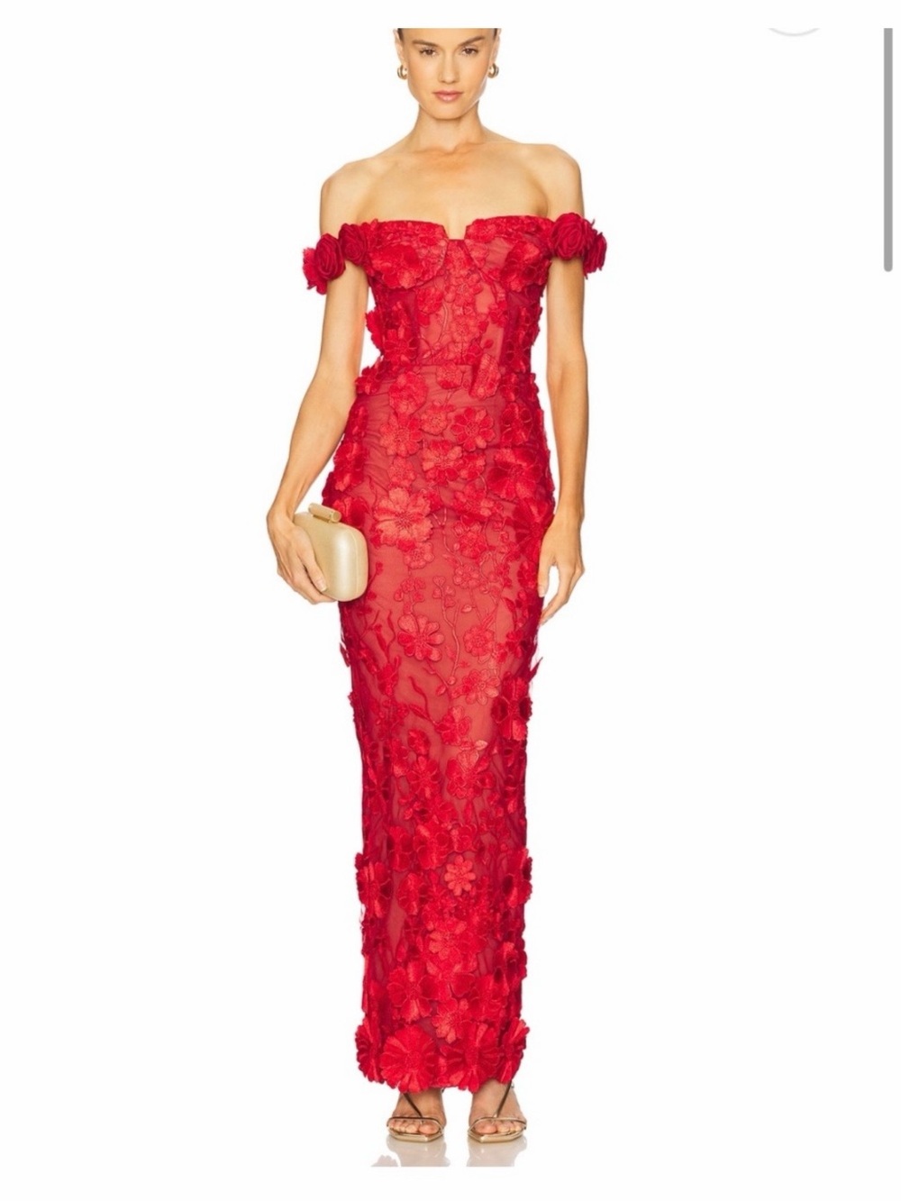 Bronx and Banco Red Off-the-Shoulder Floral Lace Gown